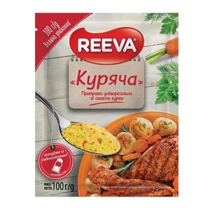 May include: A package of Reeva chicken seasoning with text in Ukrainian. The package shows a spoon filled with yellow seasoning, a plate of cooked chicken and vegetables, and the text "100 g/g".
