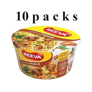 May include: A single serving of Reeva mushroom-flavored instant noodles. The container is yellow and brown with the brand name and text in a foreign language. The noodles are visible with mushrooms and vegetables. The text "10 packs" is above the container.