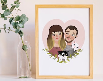 Tableau portrait personnalisé, illustration de portrait de famille avec animaux de compagnie, dessin de famille personnalisé, cadeau de fête des mères, cadeau pour maman, cadeau d'une fille