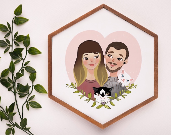 Custom Family Portrait with Pets - Family Portrait Illustration - Custom Family Drawing from Photo - Mothers Day Gift, Gift for Mom