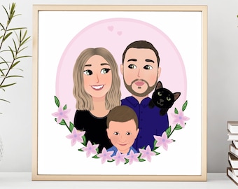 Custom Family Portrait Illustration, Custom Illustration from Photo, Custom Portrait for Him, 1st year anniversary, Partner Gift