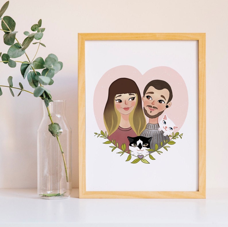 Custom Portrait Painting, Family Portrait Illustration with Pets, Custom Family Drawing, Mothers Day Gift, Gift for Mom, Gift from Daughter image 1