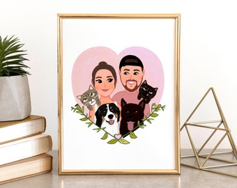 Illustration de portrait de famille personnalisé avec animaux de compagnie (fichier numérique)