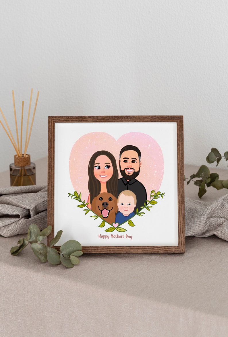 Custom Portrait Painting, Family Portrait Illustration with Pets, Custom Family Drawing, Mothers Day Gift, Gift for Mom, Gift from Daughter image 2