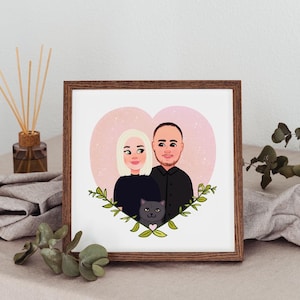Custom Couple Portrait, Family Portrait Illustration with Pets, Custom Couple Drawing from Photo, Valentine’s Day Gift for Him or Her