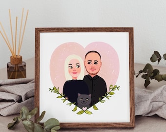 Custom Portrait Painting, Family Portrait Illustration with Pets, Custom Family Drawing from Photo, Valentine's Day Gift, Couples Gift