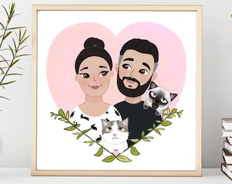 Peinture de portrait de famille personnalisée, portrait personnalisé pour lui, portrait meilleur ami, cadeau d'anniversaire de 1 an, cadeau de fête des mères, cadeau pour maman