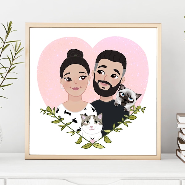 Peinture de portrait de famille personnalisée, portrait personnalisé pour lui, portrait meilleur ami, cadeau d'anniversaire de 1 an, cadeau de fête des mères, cadeau pour maman