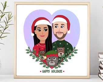 May include: A digital illustration of a couple wearing Santa hats and Christmas sweaters, with a cat wearing a green elf hat in front of them. The couple is standing in front of a heart-shaped background with holly and berries. The text "Happy Holidays" is written below the couple.