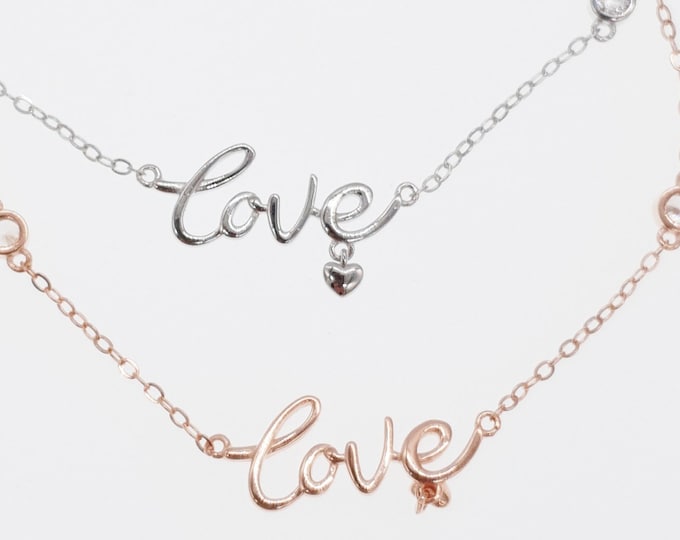 Scripted Love Heart Bracelet, Sterling Silver, Rose Gold, Silver, A Minimalist Link Bracelet, Jewelry Jewellery