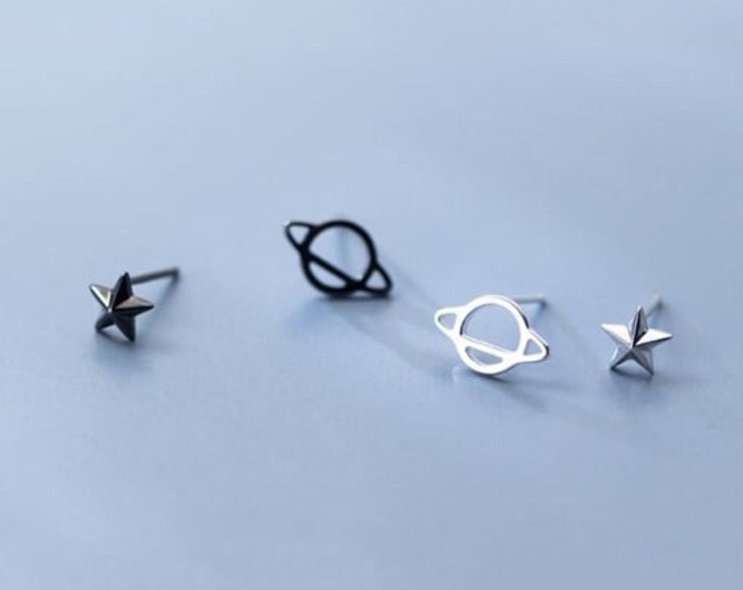 Silver Saturn & Star Mismatch Stud Earrings, Sterling Silver Stud Earrings, Celestial Jewellery, Stars, Night Sky, Universe, Planets