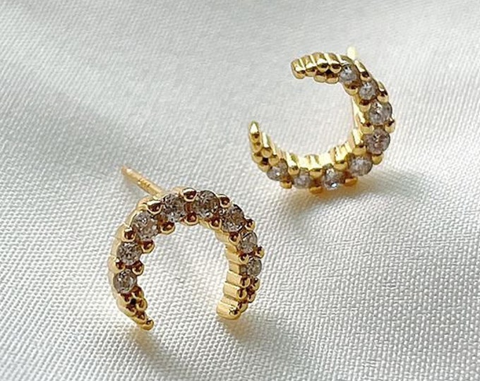 Crescent Moon Sterling Silver Gold Plated Stud Earrings with Cubic Zirconia, Celestial Moon Earrings, Totally Charming