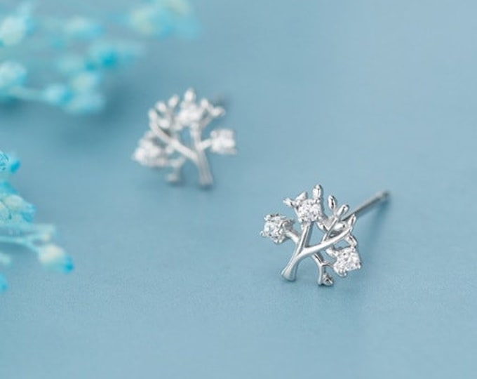 925 Sterling Silver Tree Minimalist Stud Earring, Dainty Stud, Cubic Zirconia, Floral Earrings, Tree Branch Stud, Cute Earrings