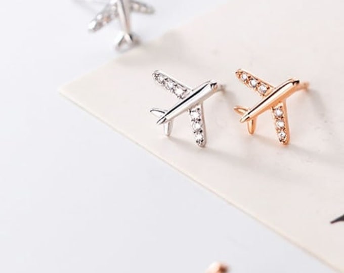 925 Sterling Silver Cubic Zirconia Irregular Minimalist Airplane Aeroplane Stud Earrings, Travel Studs, Travel Earrings, Cute Plane Earrings