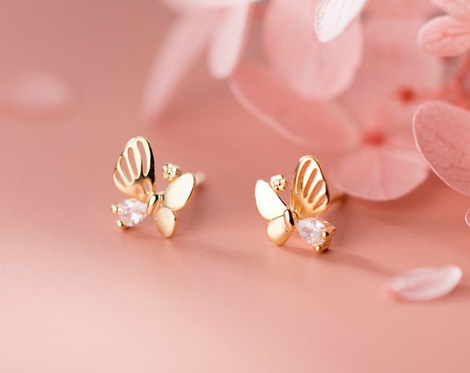 925 Sterling Silver Cubic Zirconia Butterfly Minimalist Stud Earring, Butterfly, Insect, Cute Dainty Stud Earrings, Gifts for Her