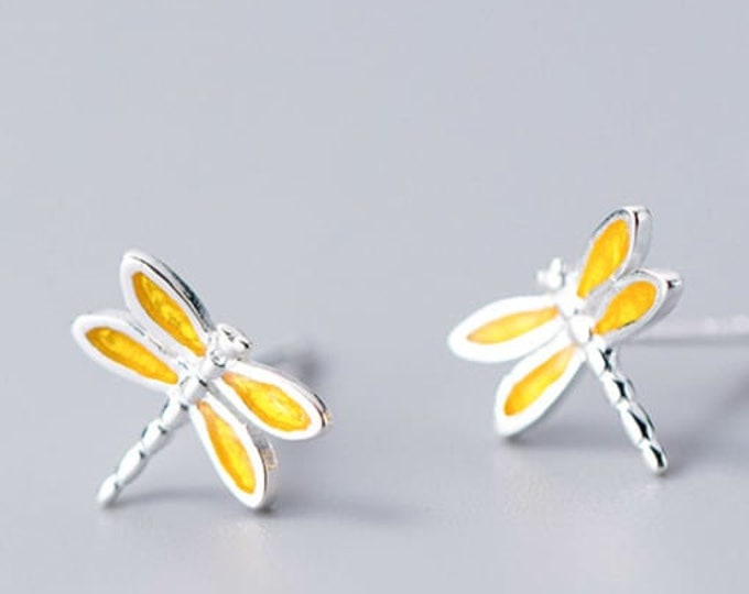 925 Sterling Yellow Dragonfly Minimalist Stud Earring, Dragonfly, Insect Studs, Cute Dainty Earrings, Gifts for Her, Wedding Earrings