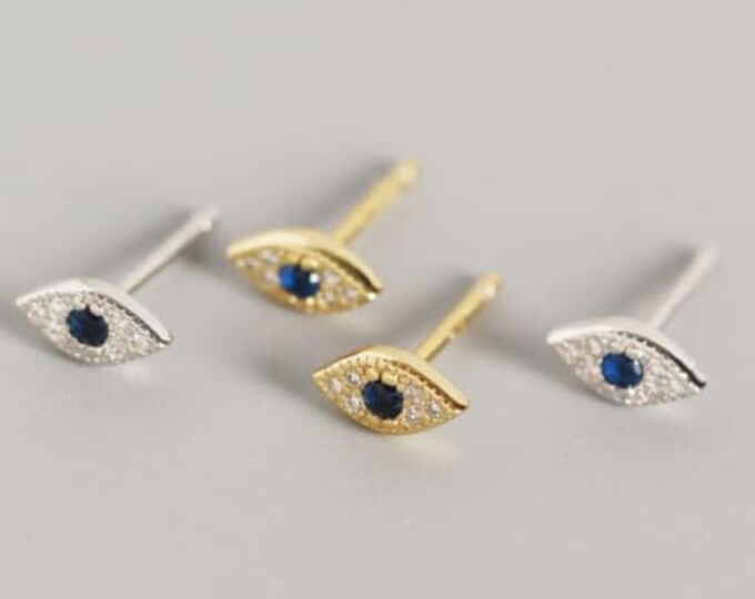 Small Evil Eye Stud Earrings with Cubic Zirconia | Sterling Silver Stud Earrings, Rhinestone Blue Evil Eye Studs, Silver or Gold