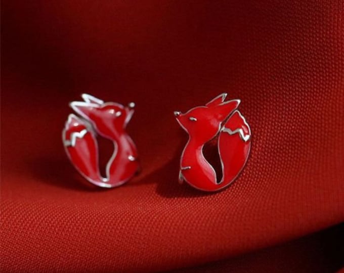 Cute Red Fox Animal 925 Sterling Silver Stud Earrings, Animal Earrings, Stud Earrings, Fozx Stud,