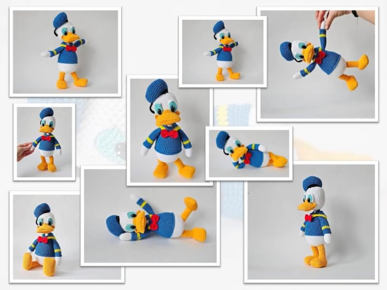 Op de afbeelding: Verschillende afbeeldingen van een gehaakte Donald Duck pop. De pop draagt een blauw matrozenhemd met gele strepen, een rode vlinderdas en een blauwe matrozenmuts. De eend heeft een wit gezicht, een gele snavel en gele voeten. De achtergrond is wit.