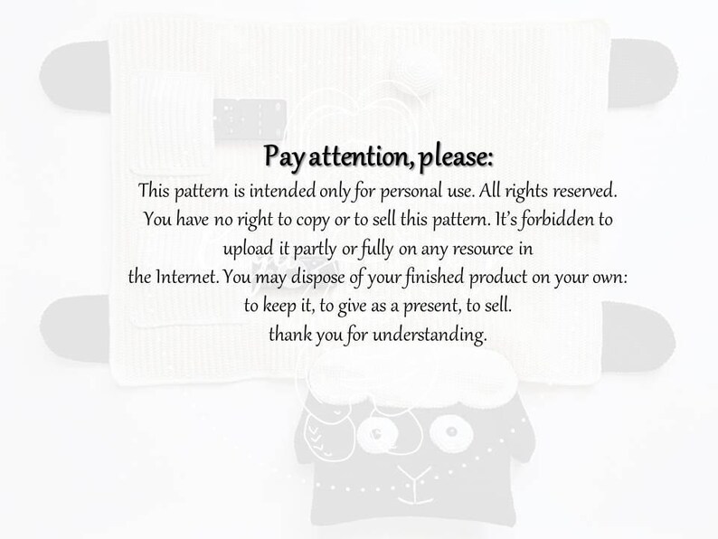 May include: A white, textured fabric with a rectangular pocket and rounded edges. The text "Pay attention, please:" is at the top, followed by usage instructions. A cartoon sheep is at the bottom.