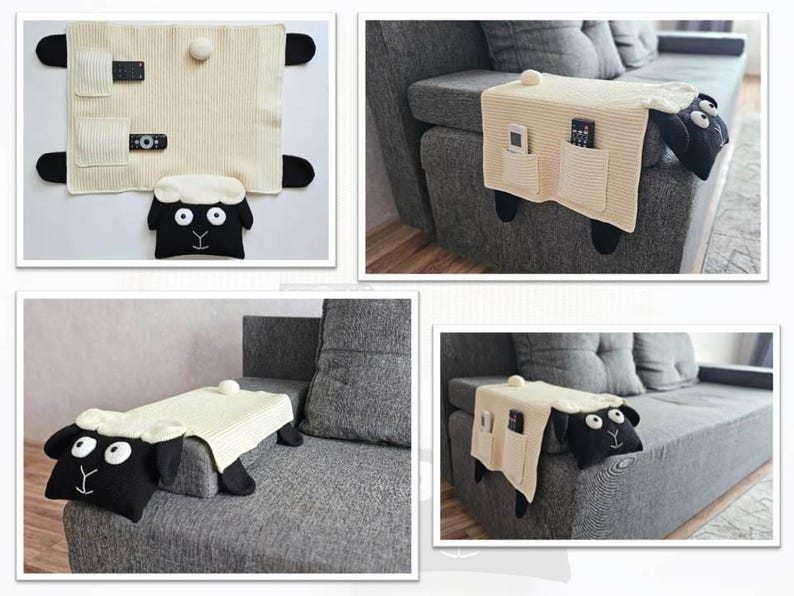 May include: A cream-colored, knitted sofa armrest organizer shaped like a sheep. It features a sheep head, two pockets, and black hooves. The organizer is designed to hold remote controls and other small items.
