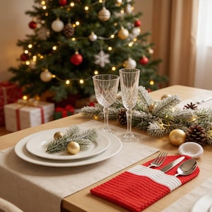 クリスマスカトラリーホルダーのかぎ針編みパターン、クリスマステーブルデコレーション、クリスマスシルバーウェアフォルダー