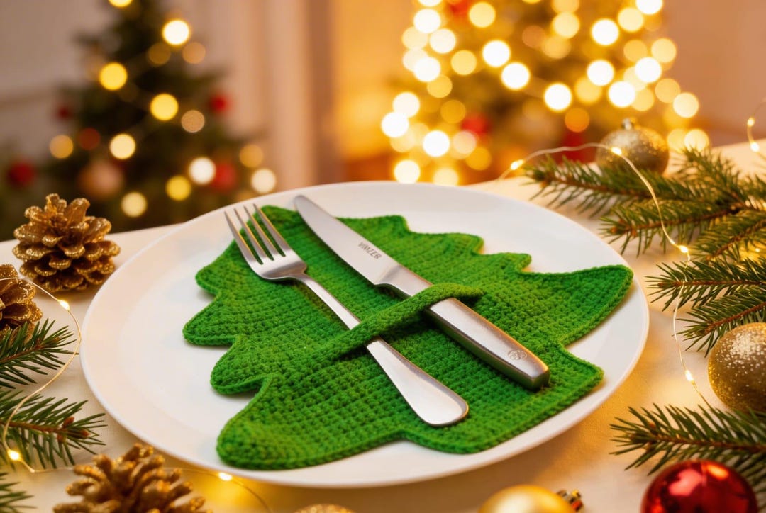 Silverware Pine Tree Pattern Christmas Tree Cutlery Holder Crochet Pattern, Christmas Table Decor ...