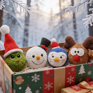 Weihnachtsornament PDF Häkelanleitung - Grinch, Schneemann, Rentier (4er-Set)