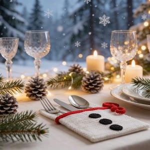Christmas Cutlery Holder Crochet Pattern, Christmas Table Decor, Snowman Silverware Folder