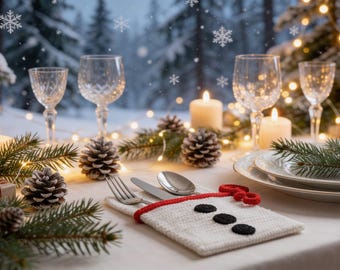 Christmas Cutlery Holder Crochet Pattern, Christmas Table Decor, Snowman Silverware Folder