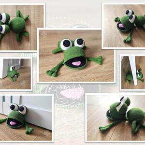 May include: A collection of green crocheted frog doorstops in various poses. The frogs have large, black eyes and a pink tongue. Some frogs are lying on their backs, while others are standing on their feet.