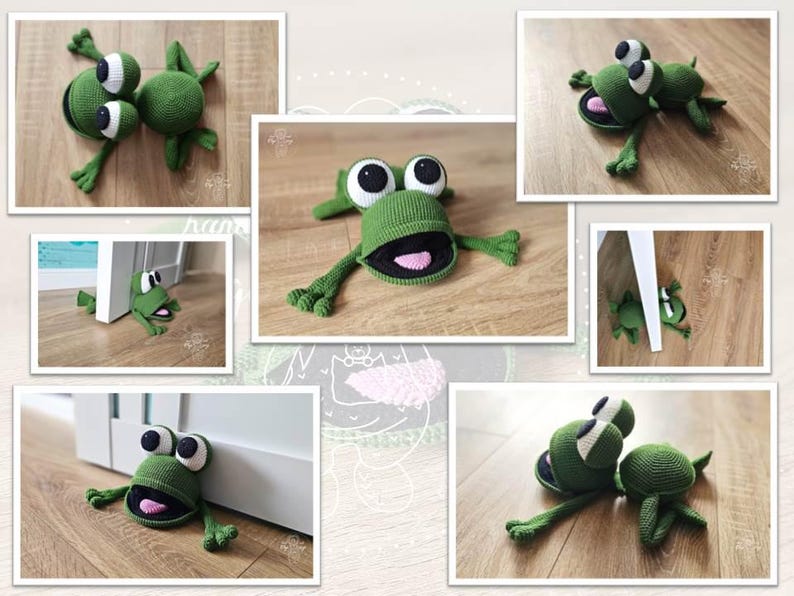 May include: A collection of green crocheted frog doorstops in various poses. The frogs have large, black eyes and a pink tongue. Some frogs are lying on their backs, while others are standing on their feet.