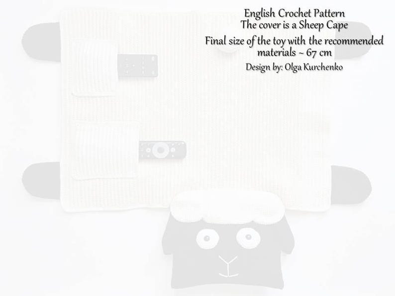 May include: A cream-colored crochet pattern for a sheep cape. The text on the image reads "English Crochet Pattern, The cover is a Sheep Cape, Final size of the toy with the recommended materials - 67 cm, Design by: Olga Kurchenko."
