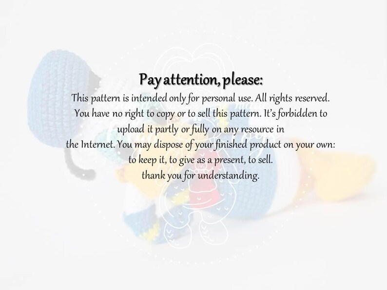 Op de afbeelding: Een gehaakte pop met blauwe, gele, rode en witte accenten. De afbeelding bevat tekst met de tekst "Pay attention, please: This pattern is intended only for personal use. All rights reserved."