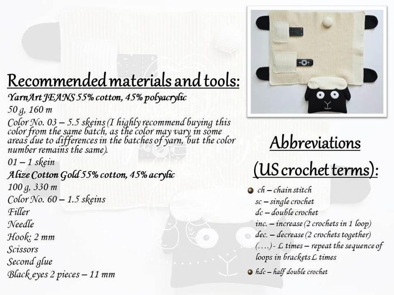 May include: Image shows recommended materials and tools for a crochet project. Includes yarn details, hook size, and other supplies. A finished sheep-shaped crochet project is displayed, along with crochet abbreviations.