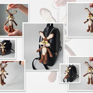 May include: Crocheted keychain featuring a cartoon coyote character. The coyote has brown and cream-colored yarn with yellow eyes and a silver keychain. The coyote is attached to a black backpack in some images.