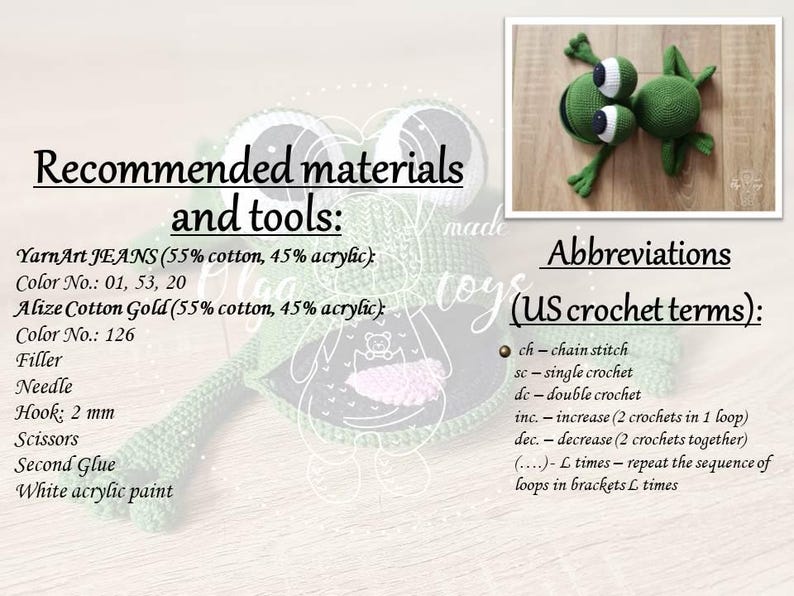 May include: Crochet pattern instructions for making a two-headed frog amigurumi toy. The pattern uses YarnArt Jeans and Alize Cotton Gold yarn in green and gold colors. The pattern includes abbreviations for US crochet terms.