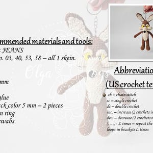 May include: A crocheted coyote keychain in brown, cream, and tan. The image includes a smaller inset photo of the finished product. The image also shows a list of recommended materials and tools, including YarnArt JEANS yarn and a 2 mm hook.