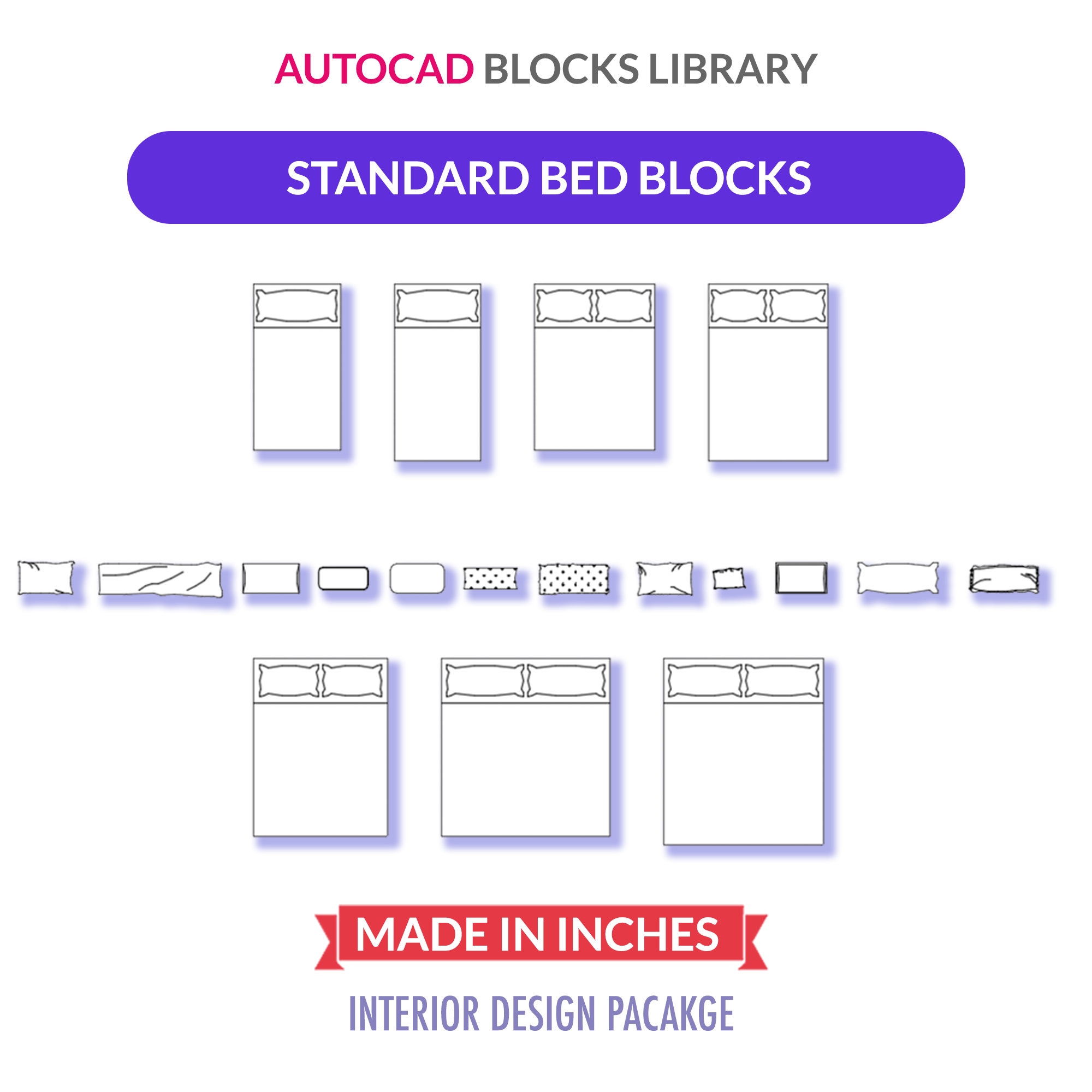 Autocad 2D Blocks Standard US Beds Plan View Etsy