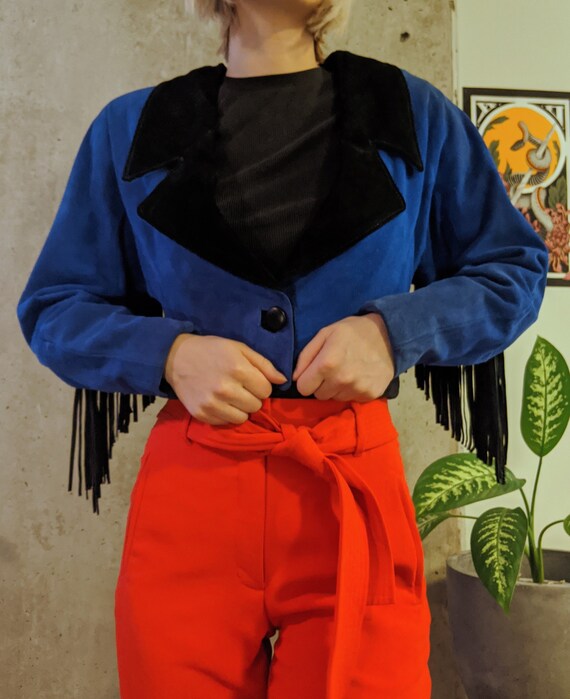 Cobalt Leather Fringe Crop Jacket