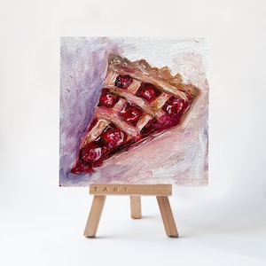 Cherry Pie Slice Oil Painting – Mini Dessert Wall Art – Original Food Artwork on Wood Panel – Rustic Kitchen Decor – Small Impasto Painting