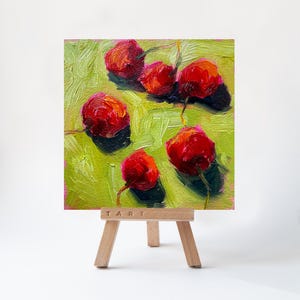 Cherry Oil Painting – Red Fruit Wall Art – 6x6 in Original Kitchen Decor – Impasto Small Canvas – Foodie Gift – Summer Fruit Art