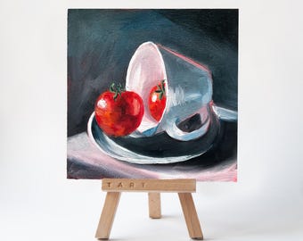 トマトの静物画：オリジナルの油絵またはキッチンアートプリント