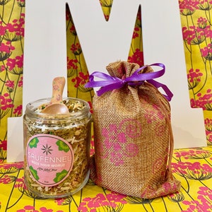 Holiday Gift Bag, Jute with Artsy Sharing Spoon Fennel Seed Snack Mix 4 oz. Glass Jar Saunf Mukhwas Vegan Fresh Unique