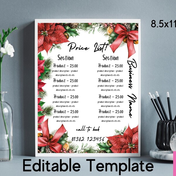 Christmas price list, Price list template, Price list design, Price list for hair, Editable template, Salon pricelist, Beauty template