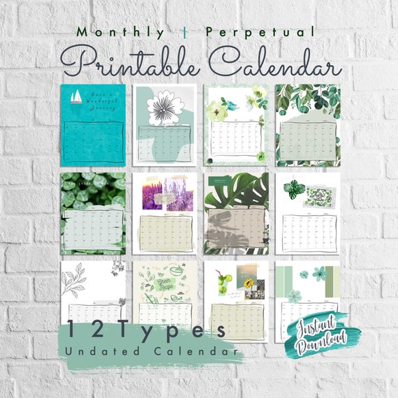 monthly planner perpetual calendar printable green design etsy