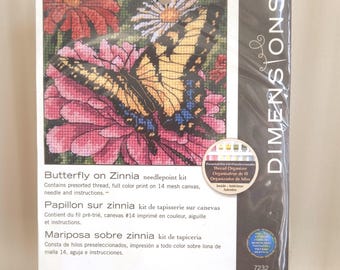 Dimensions BUTTERLFLY On ZINNIA Needlepoint Kit 5 X 5