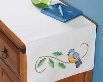 Herrschners Bluebird Cottage Dresser Scarf Stamped Cross-Stitch New in Package