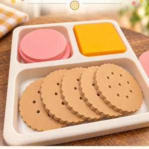 May include: A white divided tray containing several pink circular discs, a yellow square, and five tan scalloped-edge circular pieces with small holes. The text reads SORT, STACK, PRETEND DIGITAL DOWNLOAD, Digital Download, Includes STLs and 3mfs, Commercial rights included, No physical item will be shipped.