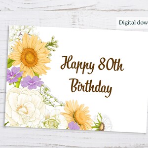 80th Birthday Card, 80th Birthday Card Printable, Floral 80th Birthday ...
